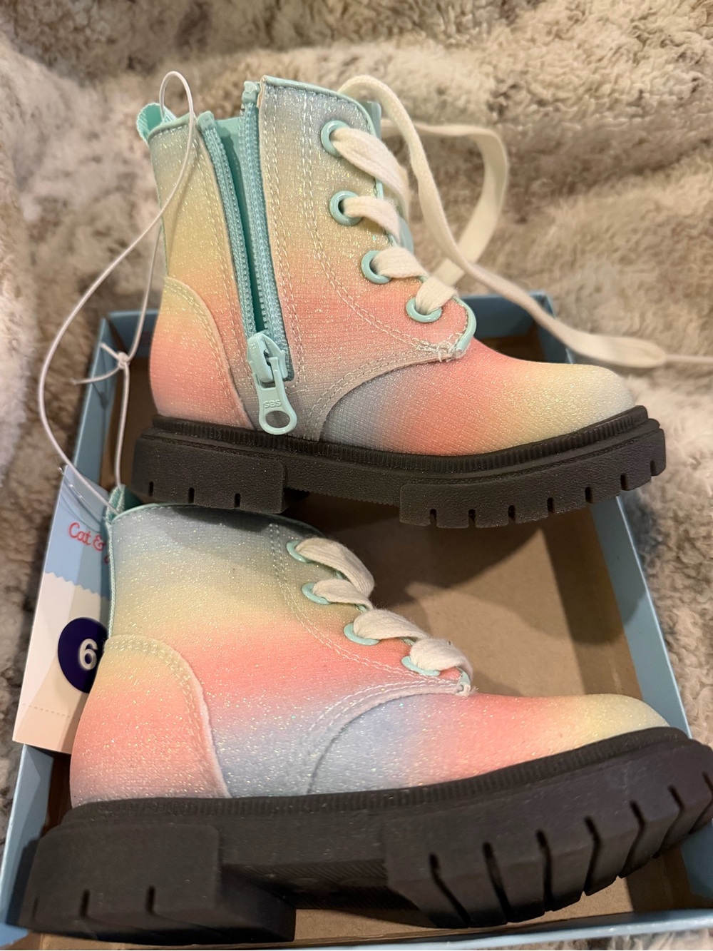 Cat & Jack Pastel Rainbow Glitter Lace-Up Zip Boots